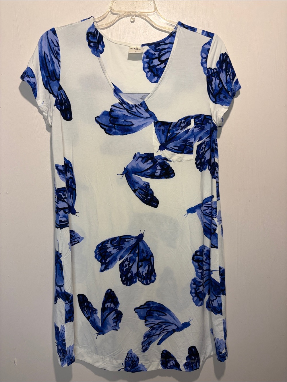 Soma Cool Nights Blue White Butterfly Print Nightgown Sleep Shirt Cozy SZ Small - Picture 2 of 7